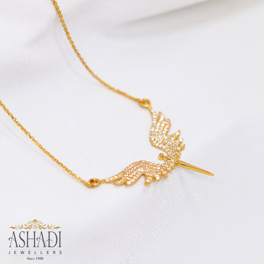 22K gold angel necklace with sparkling stones, crafted by Ashadi Jewellers Sri Lanka, symbolising love, strength, and guidance.