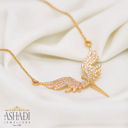 22K gold angel necklace with sparkling stones, crafted by Ashadi Jewellers Sri Lanka, symbolising love, strength, and guidance.