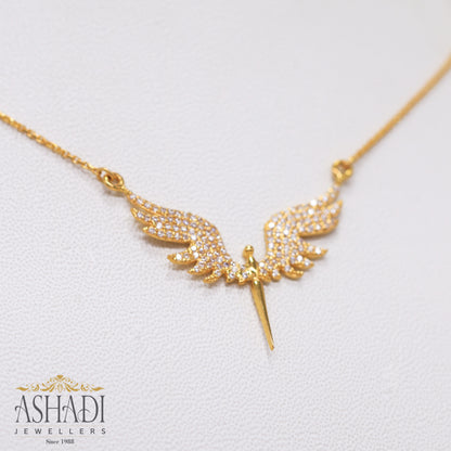 22K gold angel necklace with sparkling stones, crafted by Ashadi Jewellers Sri Lanka, symbolising love, strength, and guidance.